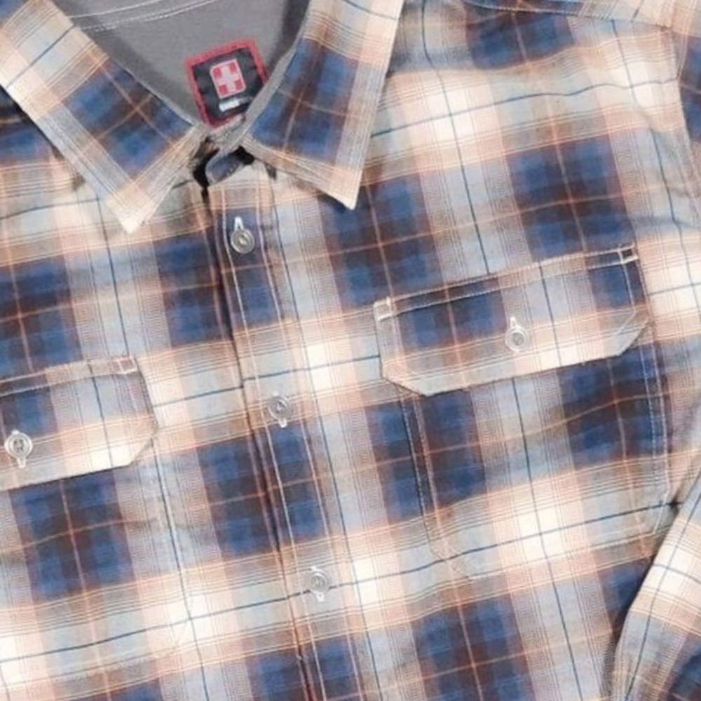 Swiss Tech Mens 2XL Blue Brown Plaid Long Sleeve Button Up Shirt Pockets